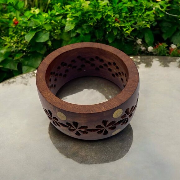 Floral Cut-out Wood Bangle with Brass Accents - Intricate Bohemian Bracelet - Picture 2 of 4